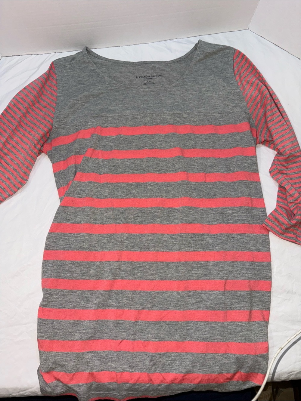 Liz Lange Gray and Coral Striped Maternity Top